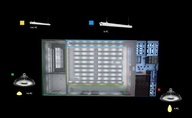 représentation de l'implantation de l'éclairage dans une zone de logistique