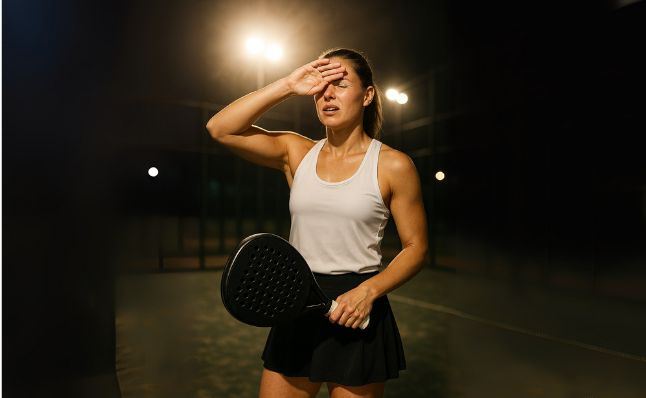 joueuse de padel éblouie par l'éclairage