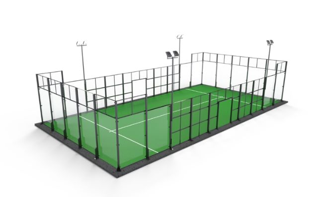 terrain de padel avec poteaux d'éclairage